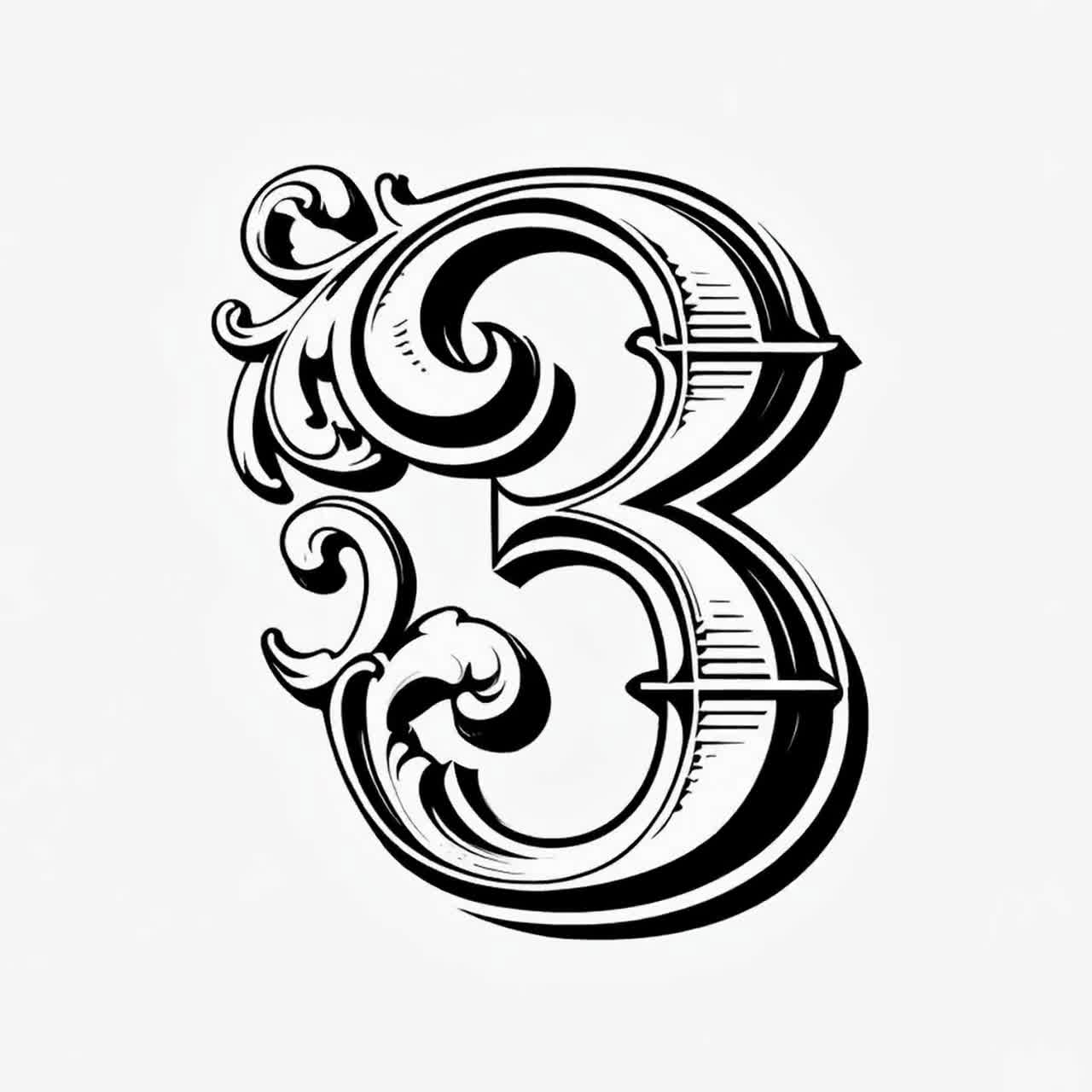 Ornate Number 3 Digital Art - Vintage Baroque Style Printable